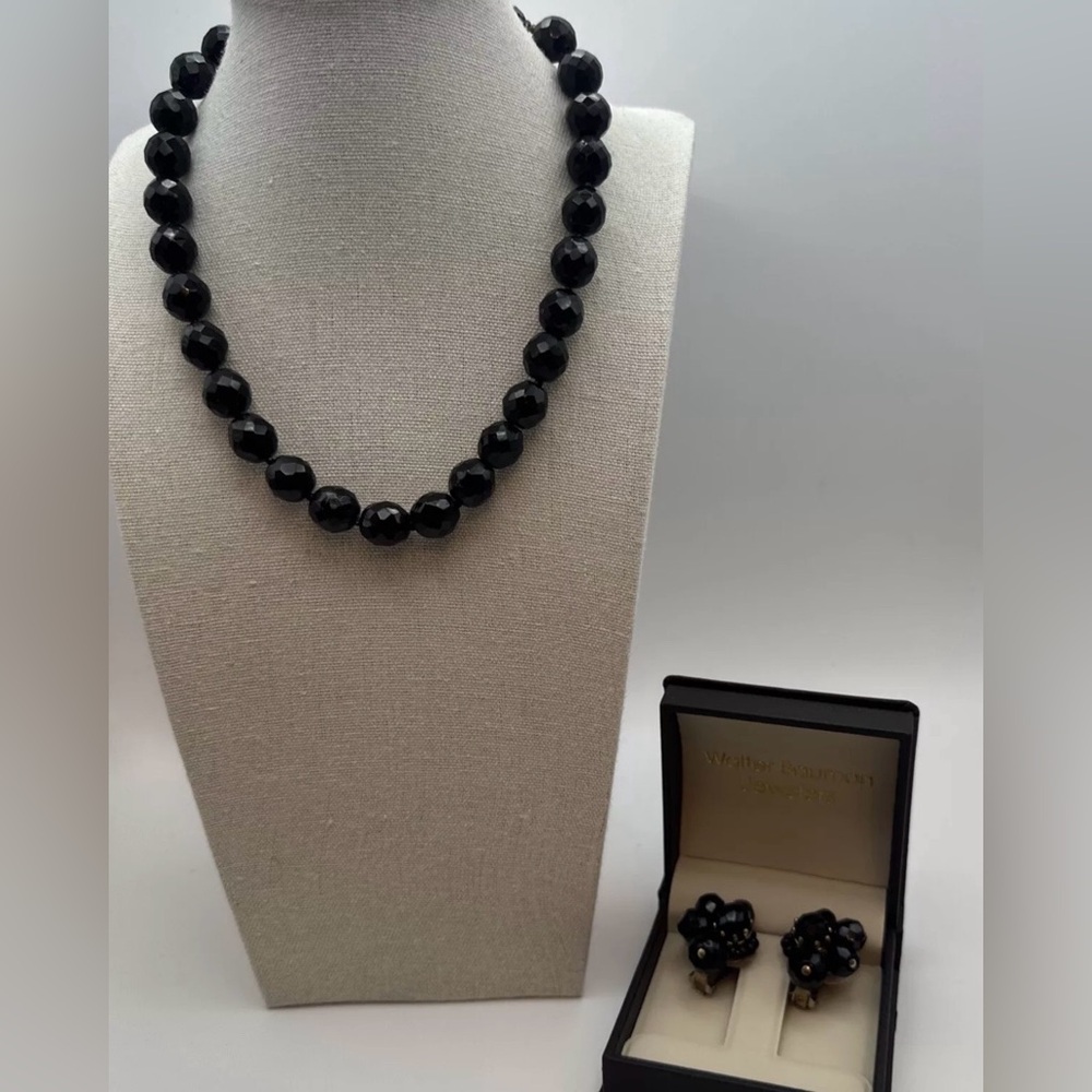 Hattie Carnegie Black Faceted Stone Bead Necklace & Matching Clip Earrings Vtg
